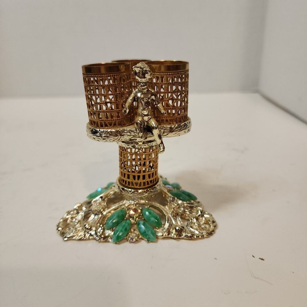 Sam Fink Metal Fillagree Lipstick Holder Hollywood Regency Jewels Vanity Cherub